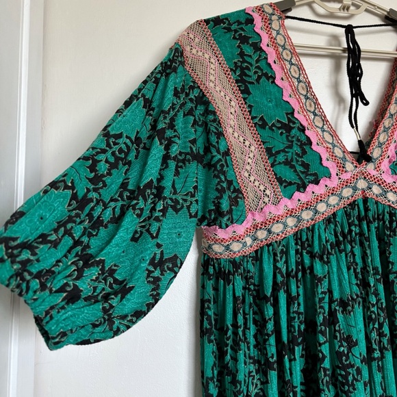 Free People Moon Child Maxi Top Size Small Green Bohemian Flowy Crochet Trim - Picture 5 of 13